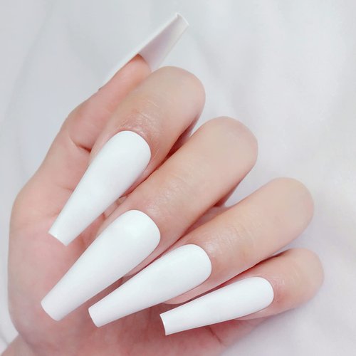AddFavor 100pcs Coffin Fake Nails Full Cover Long Press on Nails Pure Color Matte Acrylic False Nail Tips for Women and Girls (White)