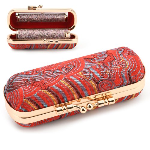 Beautyflier Lipstick Case with Mirror, Retro Lipstick Box Lip Balm Organizer Bag, Fashion Cosmetic Lipstick Travel Case, Women's Portable Lipstick Pouch Travel Cosmetic Case Red (Red, Wave)