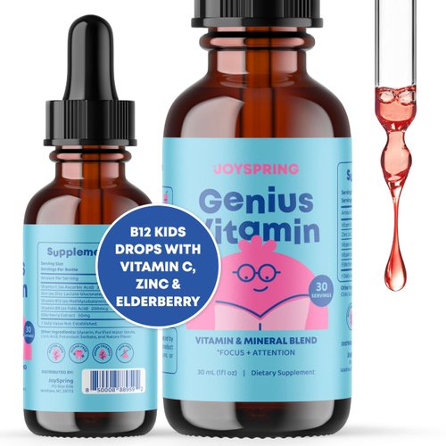 JoySpring Kids B Complex Vitamins | Vitamin B Complex Liquid Drops Aid in Attention & Focus | Nootropics Brain Support Supplement | with Elderberry Zinc and Vitamin C