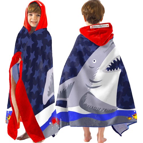 VOOVA & MOVAS Toddler Bath Towels Age 3-10, Soft | Thick | Cotton | Oversized Absorbent - Beach | Bath | Pool | Swim Towels for Boys and Girls | Big White Shark