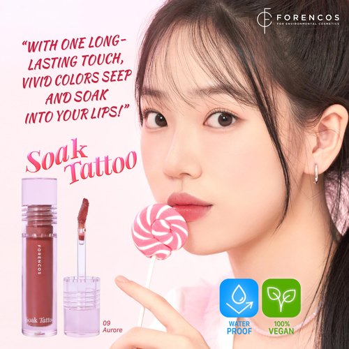 FORENCOS Soak Vegan Lip Tint/Stain, Water Gel Formula, Weightless & Non-sticky Finish, Vivid Color, Smudge-proof, Cruelty-Free, Korean Makeup, Waterproof, 0.11 oz (09 Aurore)