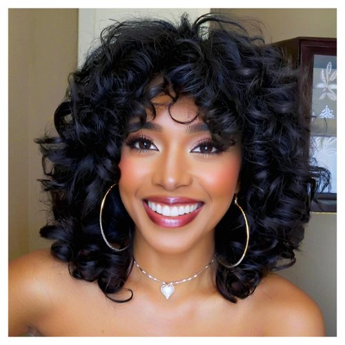 Traqur Short Curly Wigs for Black Women Synthetic Hair Heat Natura Wigs with Bangs Afro Kinky Curls Heat Resistant Natural Looking Synthetic Wig for American Women