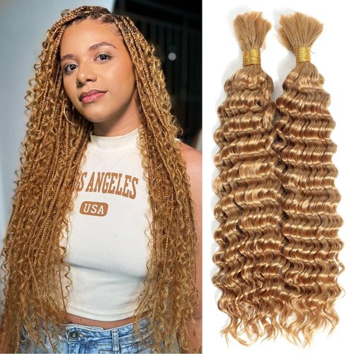 Habiliana Deep Curly Braiding Human Hair 100g 20 Inch Color 27 Honey Blonde Deep Water Wave Bulk Human Hair for Braiding No Weft Brazilian Virgin Deep Curly Human Hair Extensions for Boho Braids