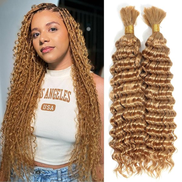 Habiliana Deep Curly Braiding Human Hair 100g 20 Inch Color 27 Honey Blonde Deep Water Wave Bulk Human Hair for Braiding No Weft Brazilian Virgin Deep Curly Human Hair Extensions for Boho Braids