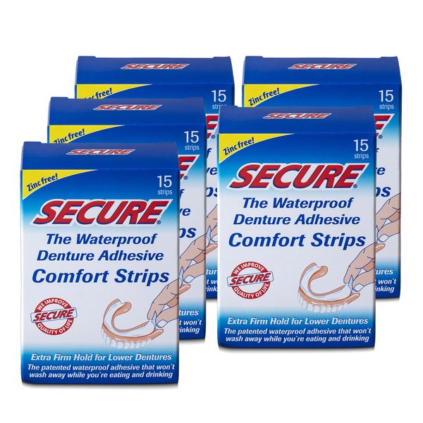 Secure Denture Adhesive Strips – Zinc Free – Waterproof – Comfortable Cushion Fit for Uppers & Lowers – Extra Firm All-Day-Hold – No Mess – Clean Ingredients – 75 Strips Total (5 Pack) 15 Strips ea