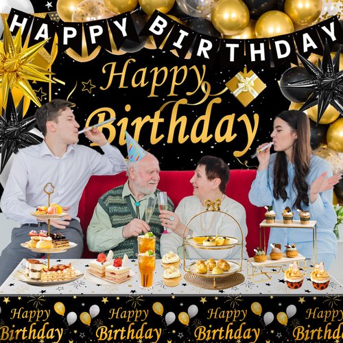 Black and Gold Birthday Decorations, Gold and Black Party Decorations for Men Women, Happy Birthday Decorations with Tablecloth, Happy Birthday Banner Backdrop Star Foil Balloons Bday Decor for Men