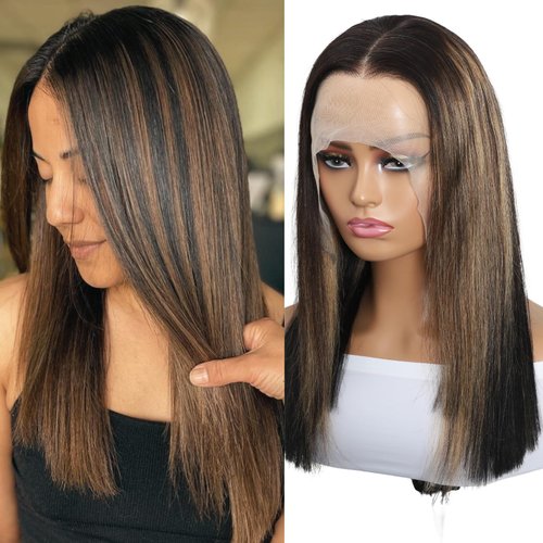 Brown Highlight Bob Wig Human Hair 16 inch 13x4 Bone Straight Lace Front Wigs Human Hair 220% Density Straight Lace Front Wigs Human Hair 1B/30 Glueless Wigs Human Hair Pre Plcuked With Baby Hair