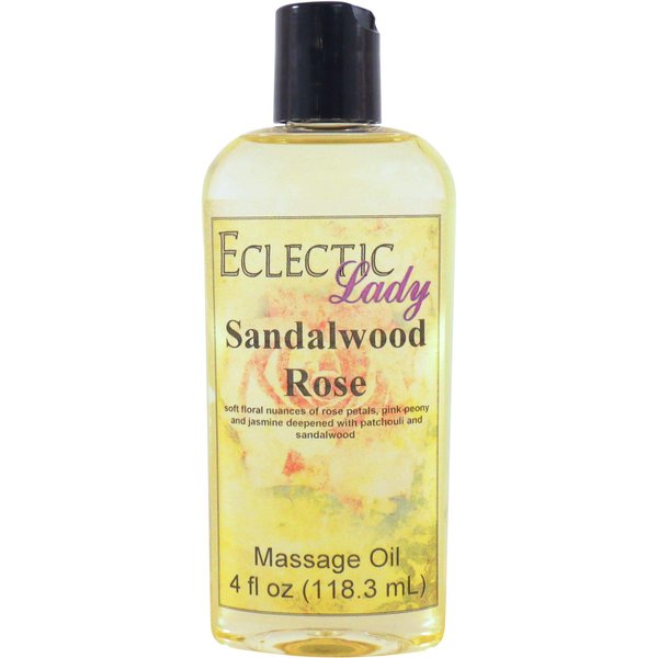 Sandalwood Rose Massage Oil, 4 oz, With Sweet Almond Oil and Jojoba Oil, Preservative Free, Perfect for Aromatherapy and Relaxation