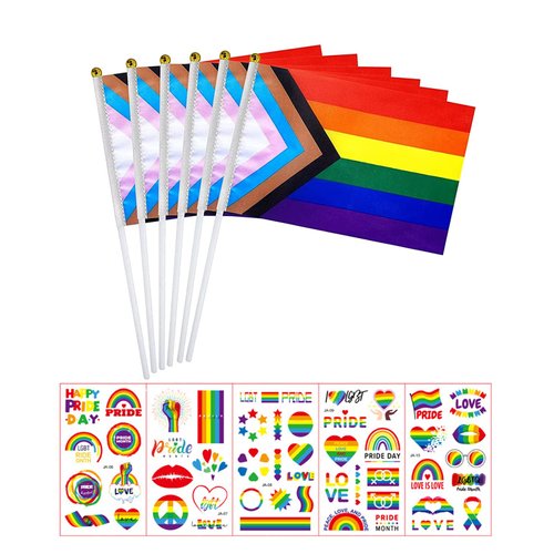 10 Sheets Rainbow Tattoos and 20PCS Rainbow Pride Flag Set, Gay Pride Temporary Tattoos Rainbow Stickers Gay Pride Flags Handheld Rainbow Flags for Gay Pride Day Party and Celebrations