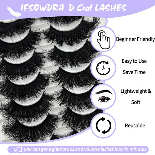 IFSOWDRA Mink Lashes Fluffy Wispy Cat Eye Dramatic 3D Lashes Mink 25mm Long False Eyelashes Pack 20mm Volume D Curl Strip Lashes That Look Like Extensions