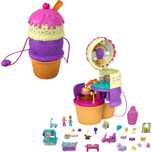 Polly Pocket 2-in-1 Travel Toy Playset, Spin 'N Surprise Ice Cream Cone with Micro Polly & Lila Dolls & 25 Accessories