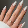 GLAMERMAID Chrome Press On Nails Medium Almond- White Handmade Metal Gel Fake Nails Stiletto, Glitter Glazed Donut False Nail Oval, Glossy Natural Reusable Acrylic Stick Glue on Nails Kit for Women