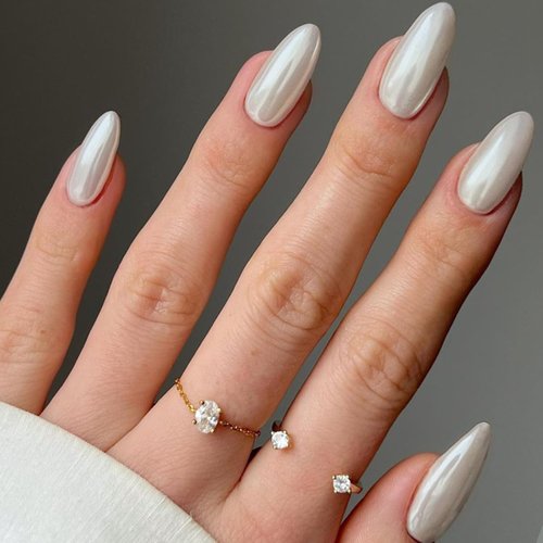 GLAMERMAID Chrome Press On Nails Medium Almond- White Handmade Metal Gel Fake Nails Stiletto, Glitter Glazed Donut False Nail Oval, Glossy Natural Reusable Acrylic Stick Glue on Nails Kit for Women