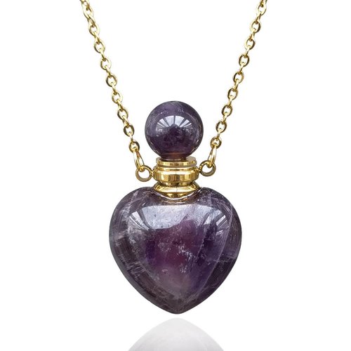 Perfume Bottle Necklace Heart Shape, Amethyst Necklace Healing Crystal for Women, Essential Oil Diffuser Bottle Necklace Jewelry, Gemstone Heart Vial Necklaces for Liquid