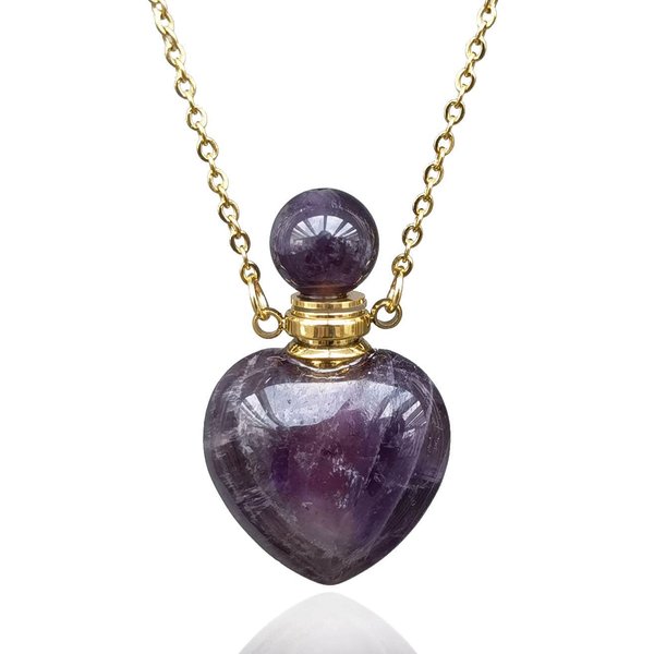 Perfume Bottle Necklace Heart Shape, Amethyst Necklace Healing Crystal for Women, Essential Oil Diffuser Bottle Necklace Jewelry, Gemstone Heart Vial Necklaces for Liquid