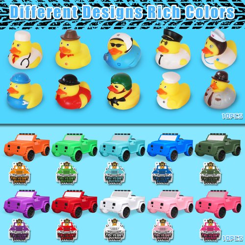 40Pcs Rubber Duck for Jeeps Ducking Set Include 10pcs Rubber Cruise Ducks, 10pcs 3.9 Inch Jeeps, 10pcs Tags and 10pcs Rubber Bands, Bulk Ducks Set for Bath Toy