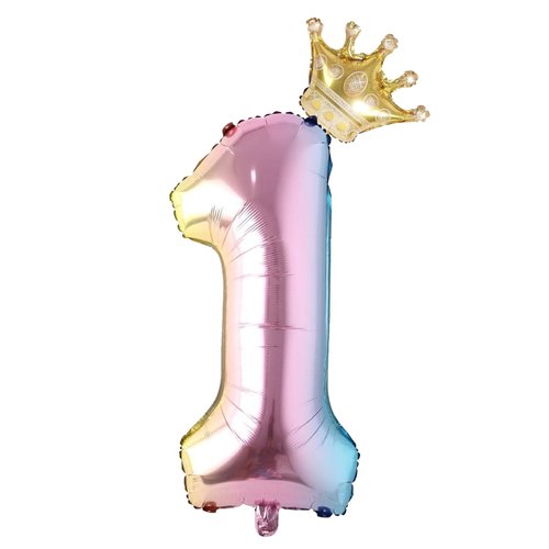 1 Number Balloon Rainbow 40 inch Big Foil Crown Helium 1st Balloons for 1 Year Old Boy Girl Birth...