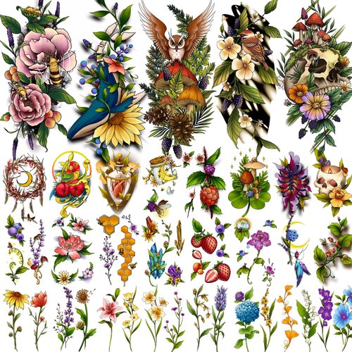 EMOME Colorful Realistic Temporary Tattoos for Women, Long Lasting Temporary Tattoos Sleeves for Adults, Waterproof Fake Tattoos and Flower Fruit Hand Tattoos Stickers for Girls(34 Sheets)