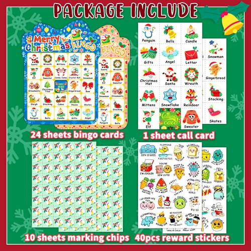 MonEnfance 39Pcs Christmas Bingo Cards, 24 Players Cute Christmas Bingo Game for Kids Adults Party Supplies Family Games Activities Xmas Festival
