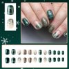 Christmas Green Press on Nails Short Square Acrylic Nails Press on Winter Fake Nails with Gold Glitter Stripes Designs Full Cover Glue on Nails Xmas Glossy Artificial False Nails for Women 24Pcs