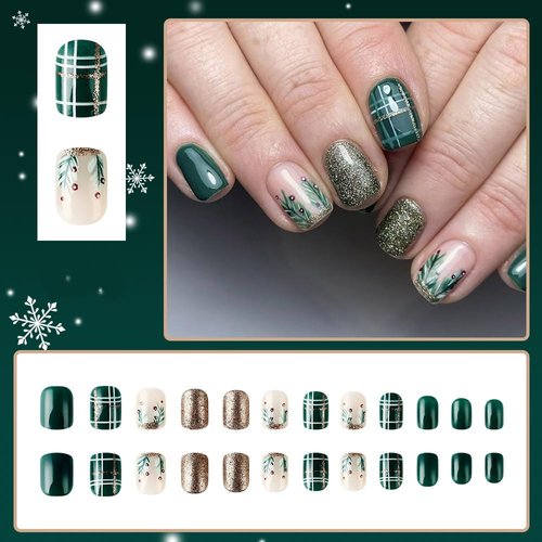 Christmas Green Press on Nails Short Square Acrylic Nails Press on Winter Fake Nails with Gold Glitter Stripes Designs Full Cover Glue on Nails Xmas Glossy Artificial False Nails for Women 24Pcs
