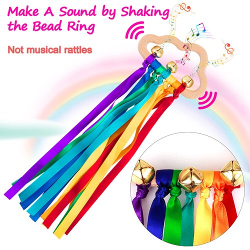 Baby Sensory Wooden Rattle Toys - 2PCS Rainbow Ribbon Ring Toys Natural Wood Rattle Molar Wood Circle Newborn Teether Sensory Montessori Toy for Infant Babies Toddler