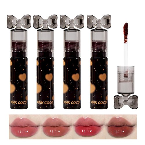 4 Colors Jelly Lip Gloss Set, Cute Lip Gloss Watery Lip Stain Cute Bow Lip Tint for Girls, Long Lasting Hydrating Lip Glaze, Tinted Lip Gloss for Young Girls, Create Glass Finish Lip Looks
