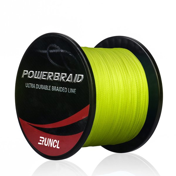 RUNCL PowerBraid Braided Fishing Line, Ultra Durable Braided Line 4 Strands - Seamless Weaving Tech, Enhanced Coating Tech, Zero Stretch, High Sensitivity (Hi-Vis Yellow, 500Yds, 15LB(6.8kgs))