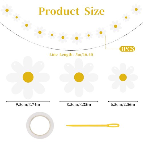JJUNW 3 Packs Daisy Boho Banner Party Decorations, Daisy Garland Kit, Groovy Party Favors White Daisy Decor, Daisy Paper Cutouts for Indoor Outdoor Girls Shower Birthday Party Supplies