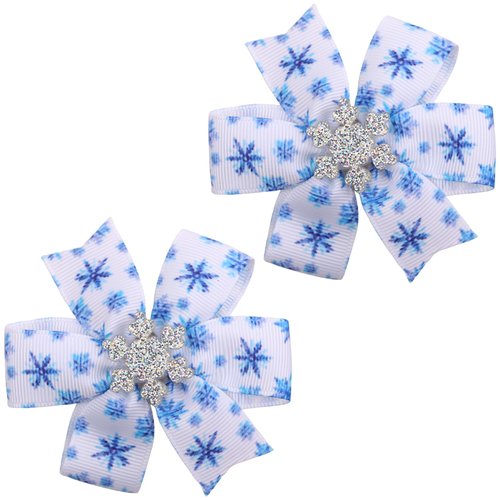 Totelux Christmas Snowflakes Hair Clips Glitter Bow Hair Barrettes Winter Snow Hairpin Grosgrain Ribbon Hair Accessories for Women Girls White Blue 2PCS