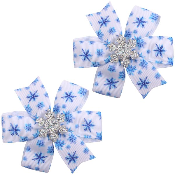 Totelux Christmas Snowflakes Hair Clips Glitter Bow Hair Barrettes Winter Snow Hairpin Grosgrain Ribbon Hair Accessories for Women Girls White Blue 2PCS