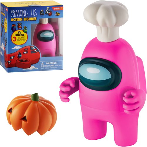 P.M.I. Among Us Action Figure | One of Four 4.5-Inch-Tall Collectibles | Among Us Toys and Playable Mini Toys | Pink Crewmate in The White My Name Chef with Hidden Hat and Hands