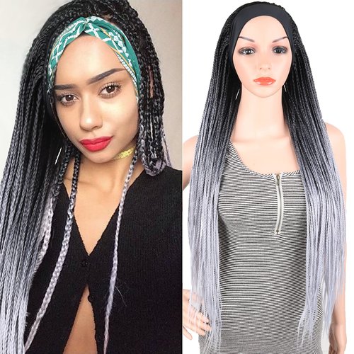 Headband Wigs for Black Women Box Braided Wig Twist Crochet Hair Cornrow Braids Ombre Gray Long Senegalese Twist Braided Headband Wig Crochet Braids with Scarf Wig Turban Wrap Wig Braids 30 Inch