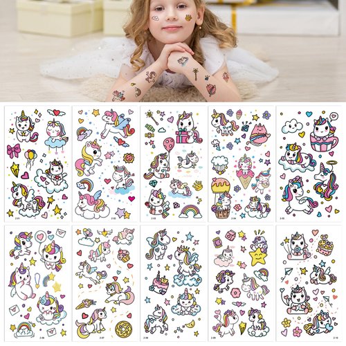Unicorn Temporary Tattoo for Kids Waterproof Temporary Tattoos Unicorn Birthday Decorations Party Favors Party Supplies for Kids for Girls Age 4-6 Birthday Decorations, 10 Sheets