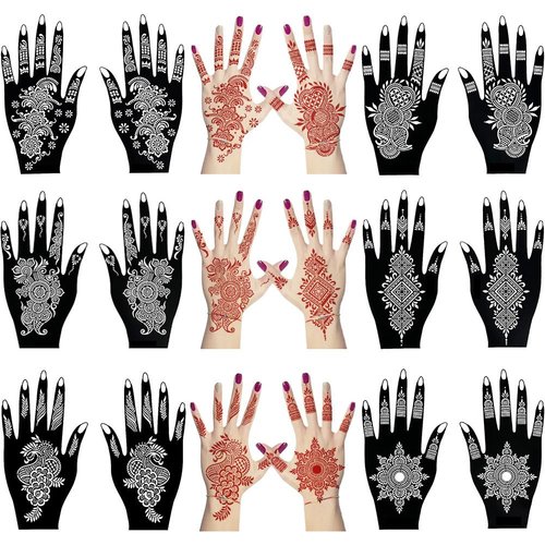 QSTOHENA 12 Sheets Henna Tattoo Stencil Kit for Hands, Indian Arabian Temporary Tattoo Template Self Adhesive Mehndi Stencil Stickers for Women Girls（8.2" x 4.7"）