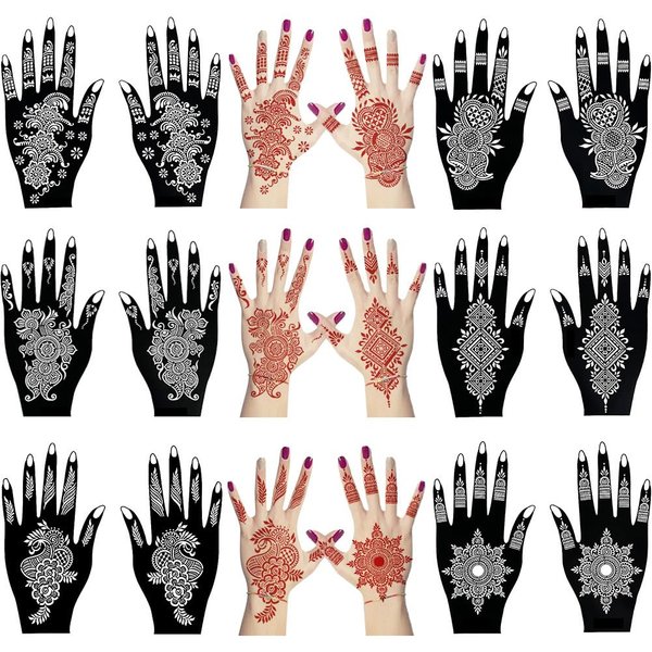 QSTOHENA 12 Sheets Henna Tattoo Stencil Kit for Hands, Indian Arabian Temporary Tattoo Template Self Adhesive Mehndi Stencil Stickers for Women Girls（8.2" x 4.7"）