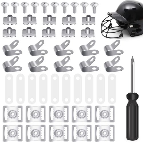 MingQiEven 50 Pcs Football Helmet Repair Kit, Football Helmet Visor Stainless Steel R-Clamp Screw Nuts Rubber Gasket with 1 Pcs Srewdriver, Chin Strap Adapter for Hockey, Baseball, Softball Helmets