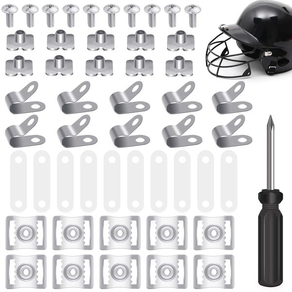 MingQiEven 50 Pcs Football Helmet Repair Kit, Football Helmet Visor Stainless Steel R-Clamp Screw Nuts Rubber Gasket with 1 Pcs Srewdriver, Chin Strap Adapter for Hockey, Baseball, Softball Helmets