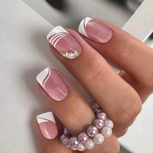 Press on Short Square Acrylic Fake Nails with Apricot Design Full Cover False Glossy Nude Glue on Artificial Stick on Nails for Women 24Pcs (French White Rhinestones)