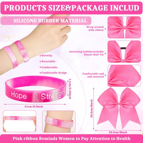 Retrowavy 60 Pcs Breast Cancer Awareness Cheer Hair Bows and Bracelets 30 Pink Cheer Hair Bows for Girls Women Cheerleading Hair Elastic Bands 30 Pink Ribbon Breast Cancer Silicone Rubber Wristbands