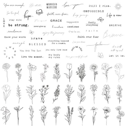 TATUWST Realistic Temporary Tattoos - 60 Sheets Tiny Small Removable Tattoos, 30 Pcs Inspirational Quotes Words Tattoos, 30 Pcs Wild Flower Ink Line Botanical Floral Leaf Tattoo Stickers for Women