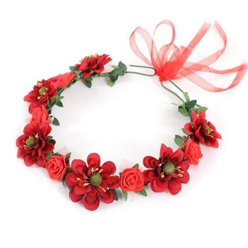 Gmmidea Women Girls Boho Flower Crown Adjustable Sunflower Floral Headband Wedding Bridal Headpiece Red