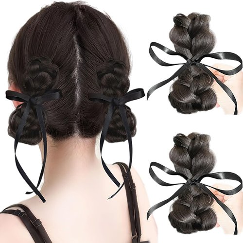 2 Pcs Black Hair Bows Hair Clips Simulation Girls Hair Package Clip Ribbon Double Pill Fluffy Hair Bundle Sweet Cool Style Duckbill Clip