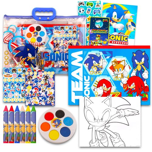 Sonic The Hedgehog Drawing and Painting Set for Boys - Sonic Gift Bundle with Coloring Book, Coloring Utensils, Watercolor Paints, Stickers, Tattoos, More | Sonic Crafts for Kids