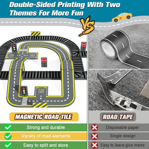 Magnetic Tiles Road & Train Track Expansion Pack Magnetic Building Blocks Construction Toys Kids Toys for Ages 3-12 Boys Girls Building Toys Includes Road Tracks, Traffic Lights, Parking Spot