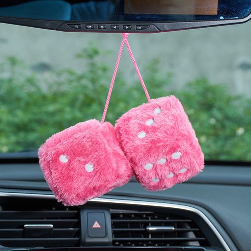 AuMoHall 2.95'' Retro Fuzzy Plush Dice Car Charm Square Plush Dice Car Rear View Mirror Hanging Ornament Car Mirror Hanging Accessories, Pink