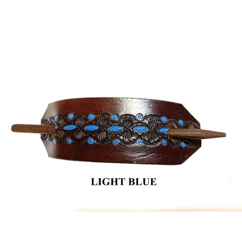 1 LEATHER HAIR BARRETTE…. CLIPPED CORNER DESIGN PONYTAIL HOLDER….. HANDTOOLED HAIR CLIP….. CHOICE OF 4 COLORS - MAHOGANY BACKGROUND #2114