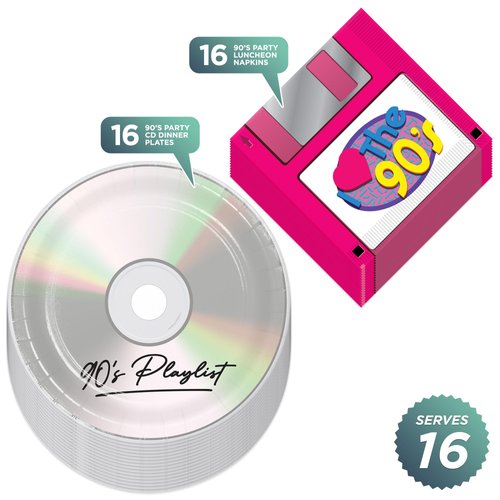 90's Party Supplies - Floppy Disk Napkins and CD Paper Plates (Serves 16) - I Love The 1990's Throwback Decades Celebration Tableware