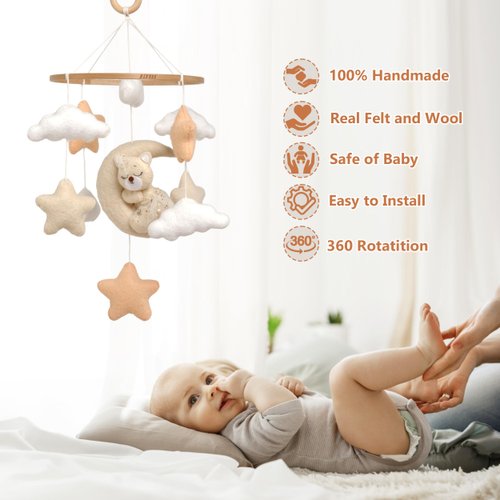 Crib Mobile for Girls, Sleeping Princess Bear Baby Mobile for Crib, Handmade Felt Crib Mobile, Baby Crib Mobile with Cloud and Stars, Nursery Baby Mobile for Bassinet (Princess)