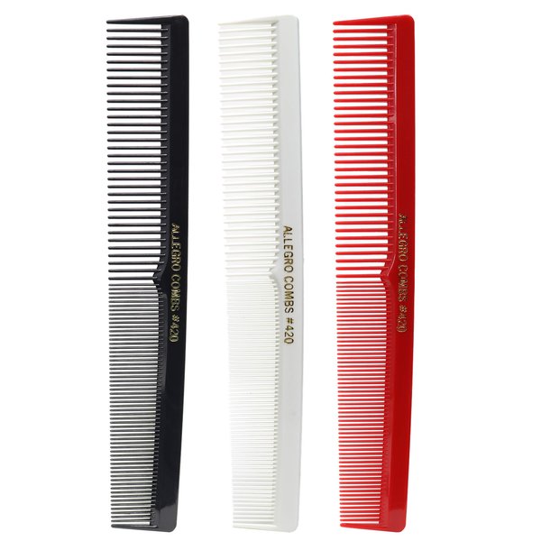 Allegro Combs 420 Hair combs Set, 3 pk. - Nitrile Rubber Barber Comb for Hair Stylist Styling, Professional Cutting Combs, Disinfectable, Long Lasting, Unisex, Red, White and Black
